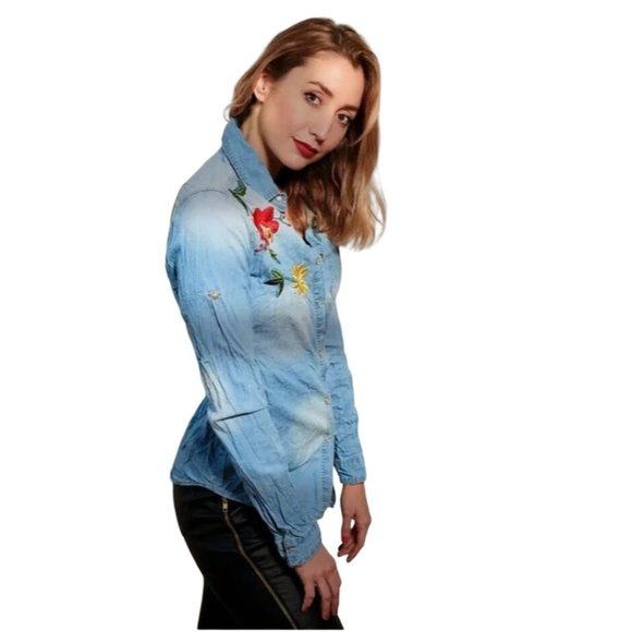 Sinclair Wear Western Denim Flower Shirt Embroidered Cotton Button Down - Picture 8 of 16